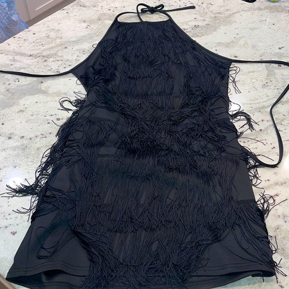 Black fringe tie back dress